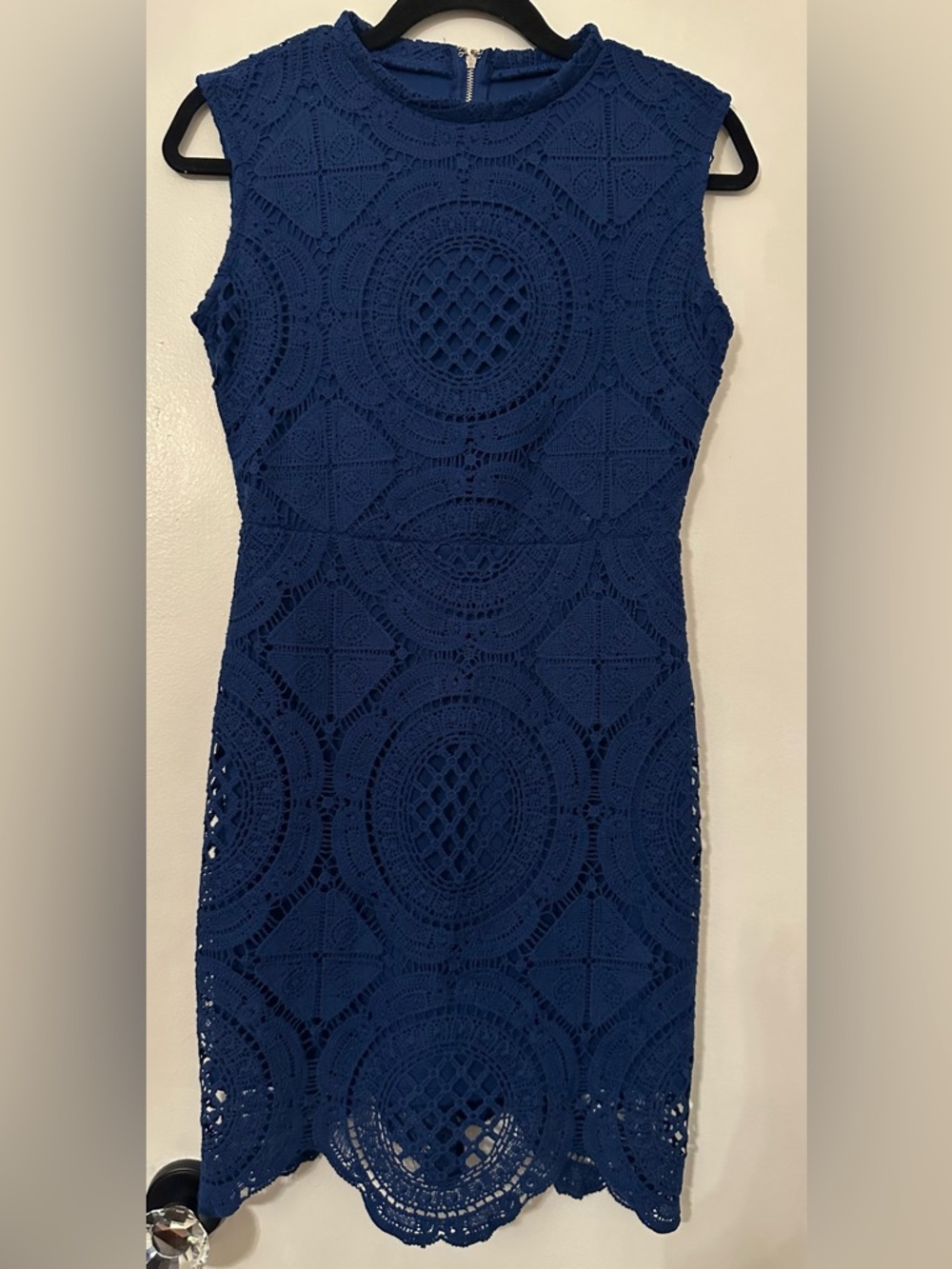 Navy Blue Crocheted Lace Sheath Dress